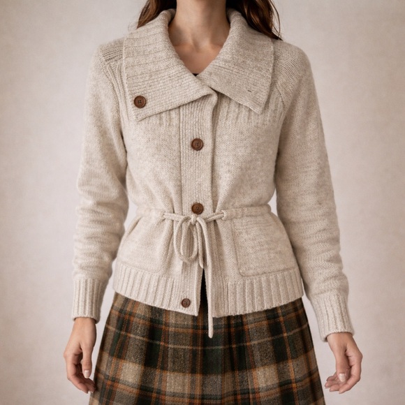 Vintage Sweaters - Vintage 60s 70s Wool Cardigan Sweater Cream Beige Belted Hippie Boho Size Xs